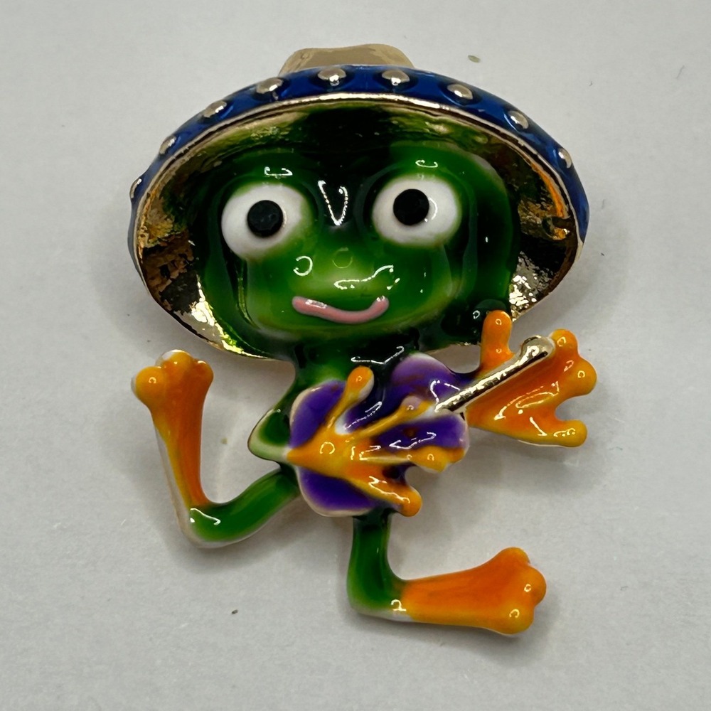 Mariachi Frog Guitar Brooch Enamel Sombrero Animal Gold Tone Novelty Pin Figural